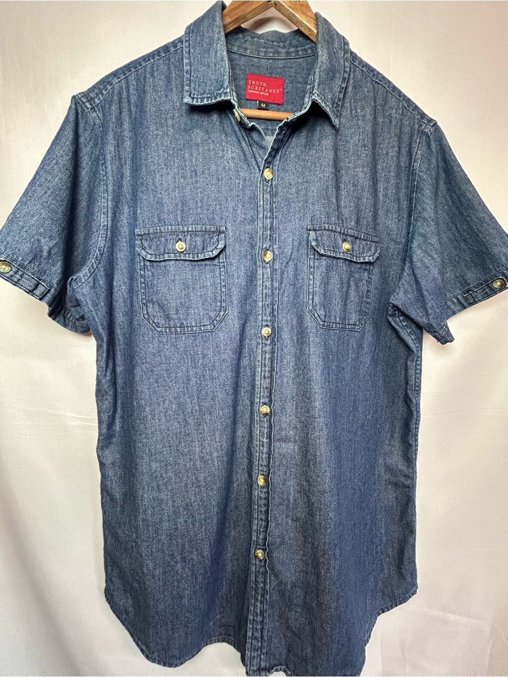 True Substance Short-Sleeve Denim Button-Down Shirt - Blue